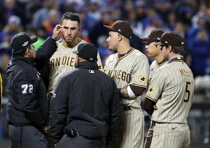 Joe Musgrove has his ears examined for substances in the Wild Card series finale against the Mets.